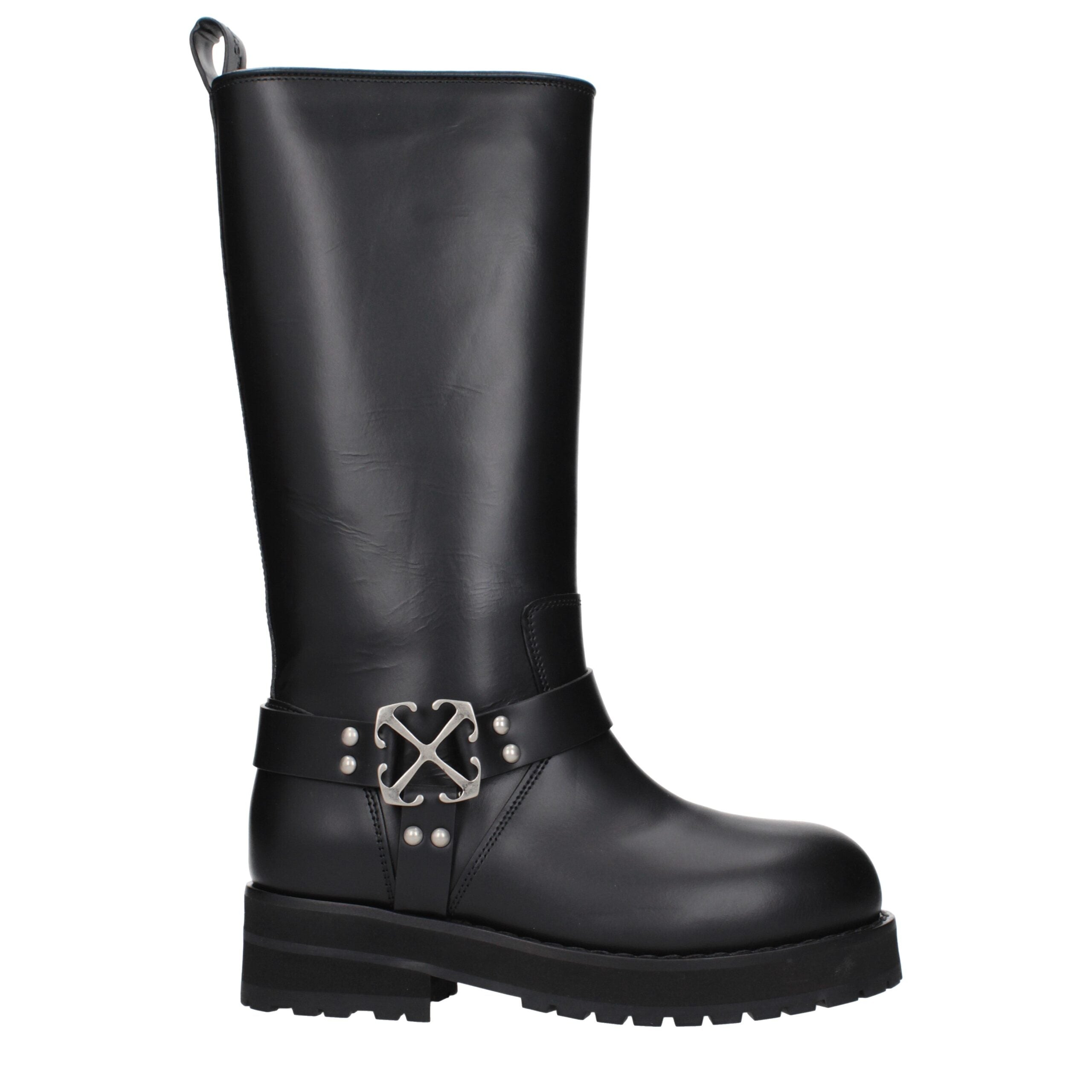 Black Leather Flat Boots Off-White