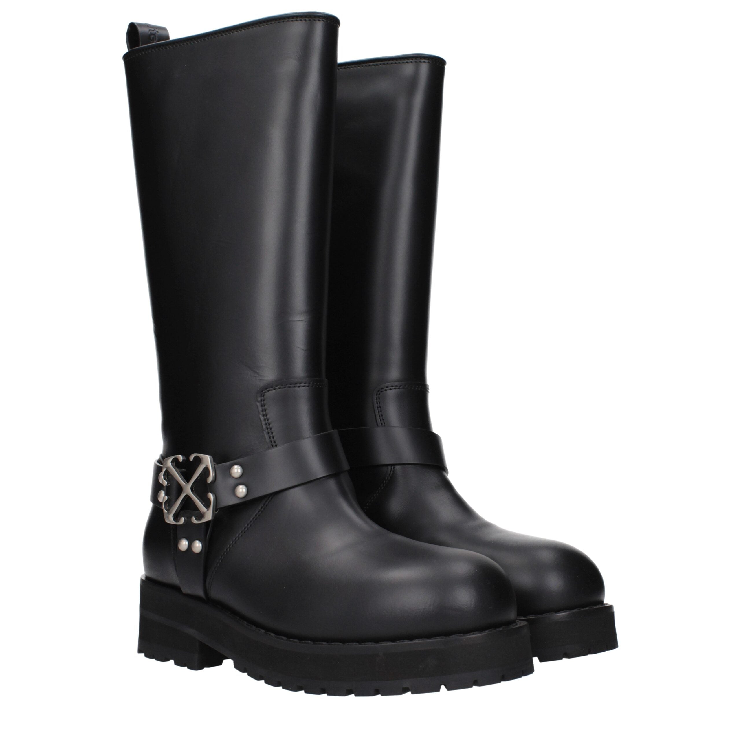Black Leather Flat Boots Off-White