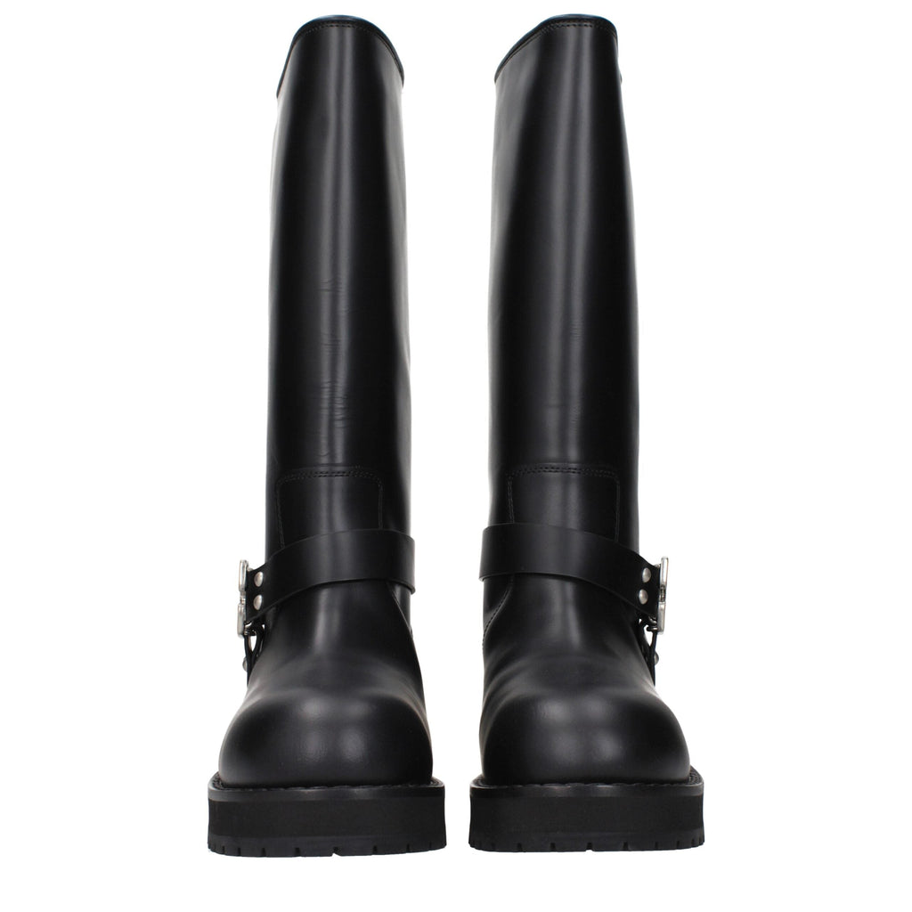 Black Leather Flat Boots Off-White