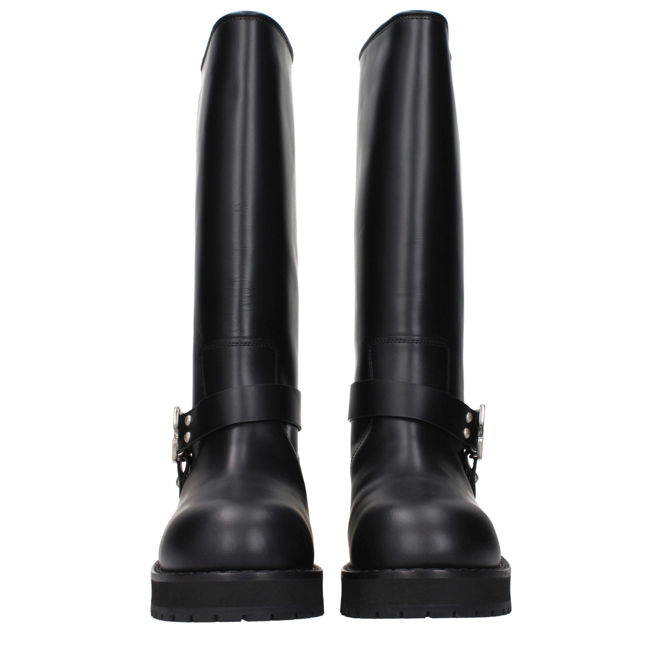 Black Leather Flat Boots Off-White