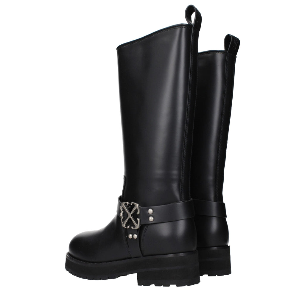 Black Leather Flat Boots Off-White