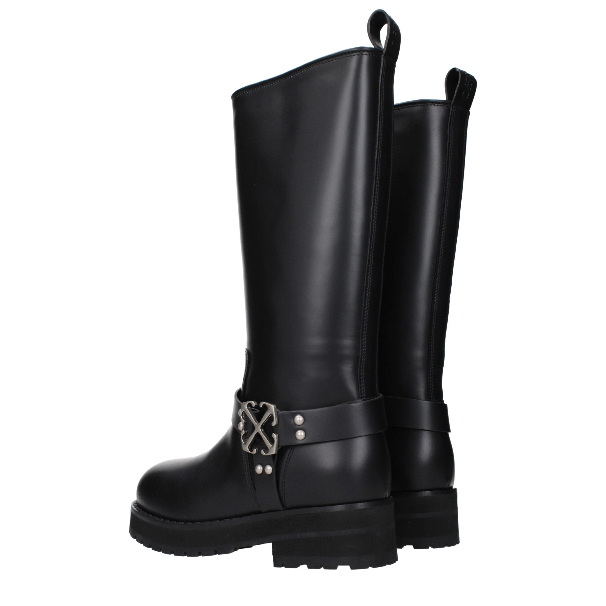 Black Leather Flat Boots Off-White